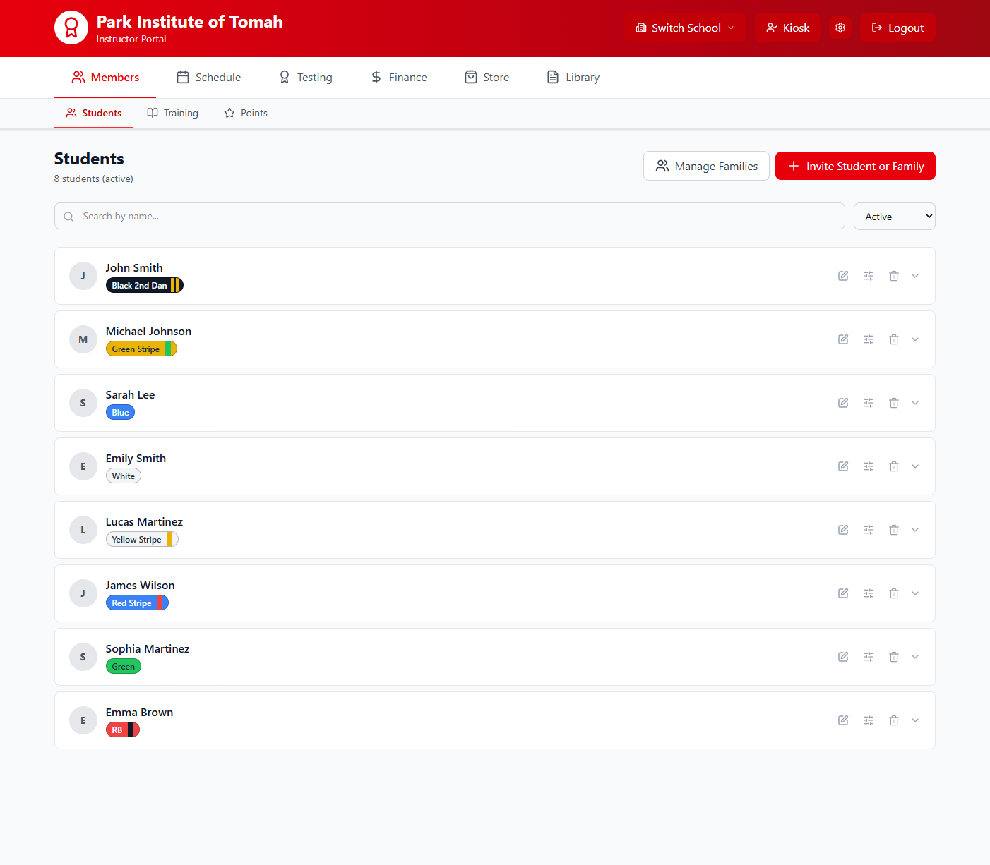Belt Tracker app — student roster